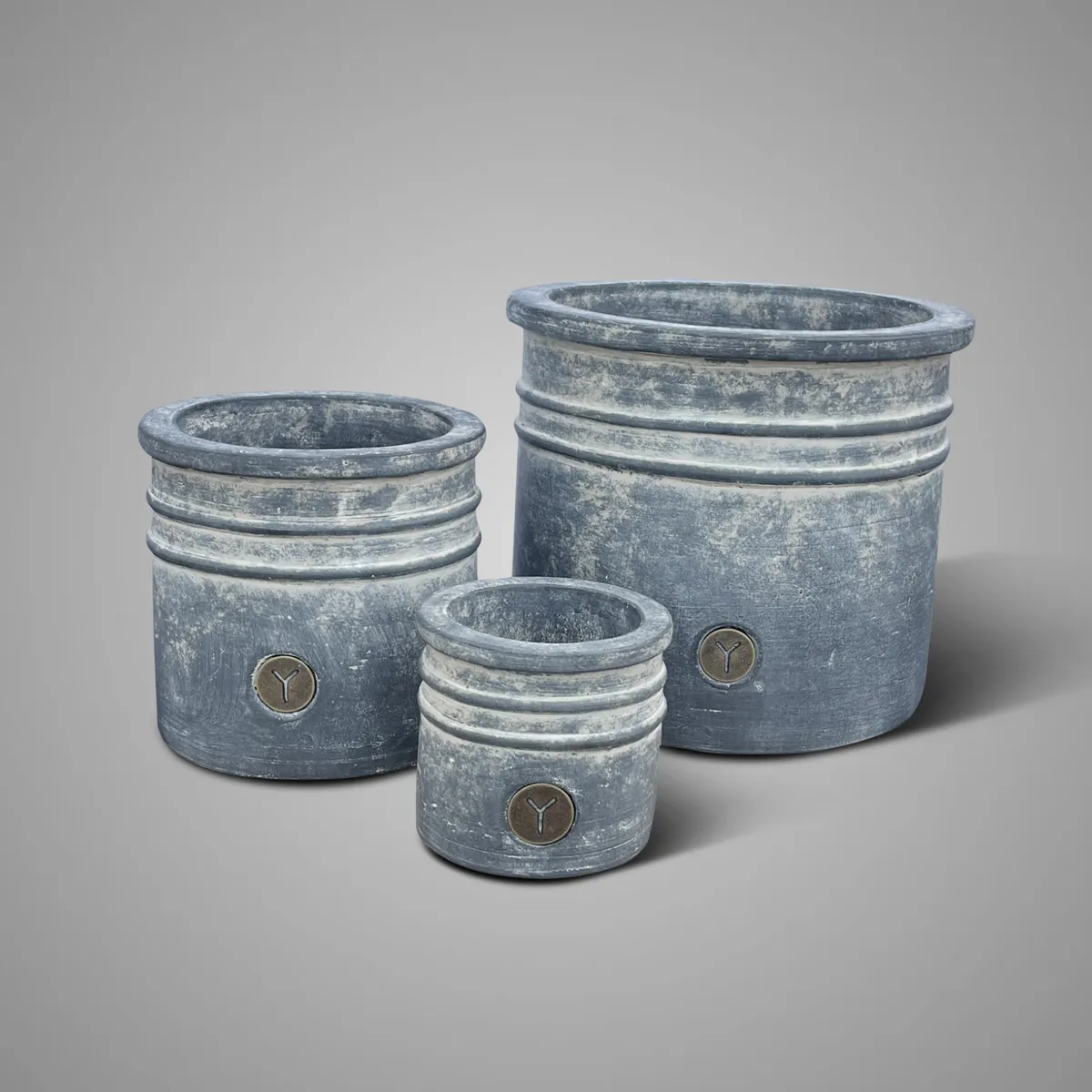 Set of 3 Planters Relief Ancient Clay D.26-18-12 H.23-17-11